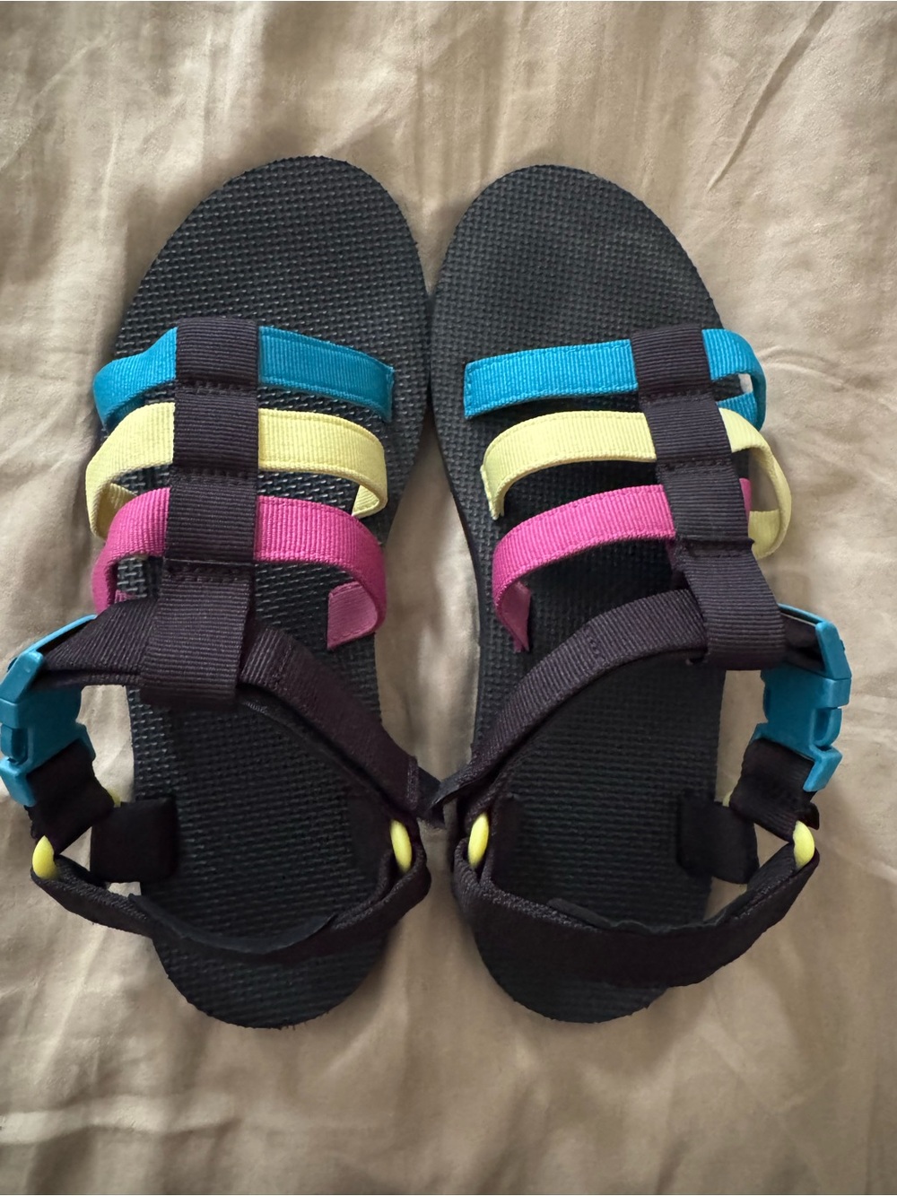 Teva Black Sport Sandals with Blue, Yellow, and Pink Straps